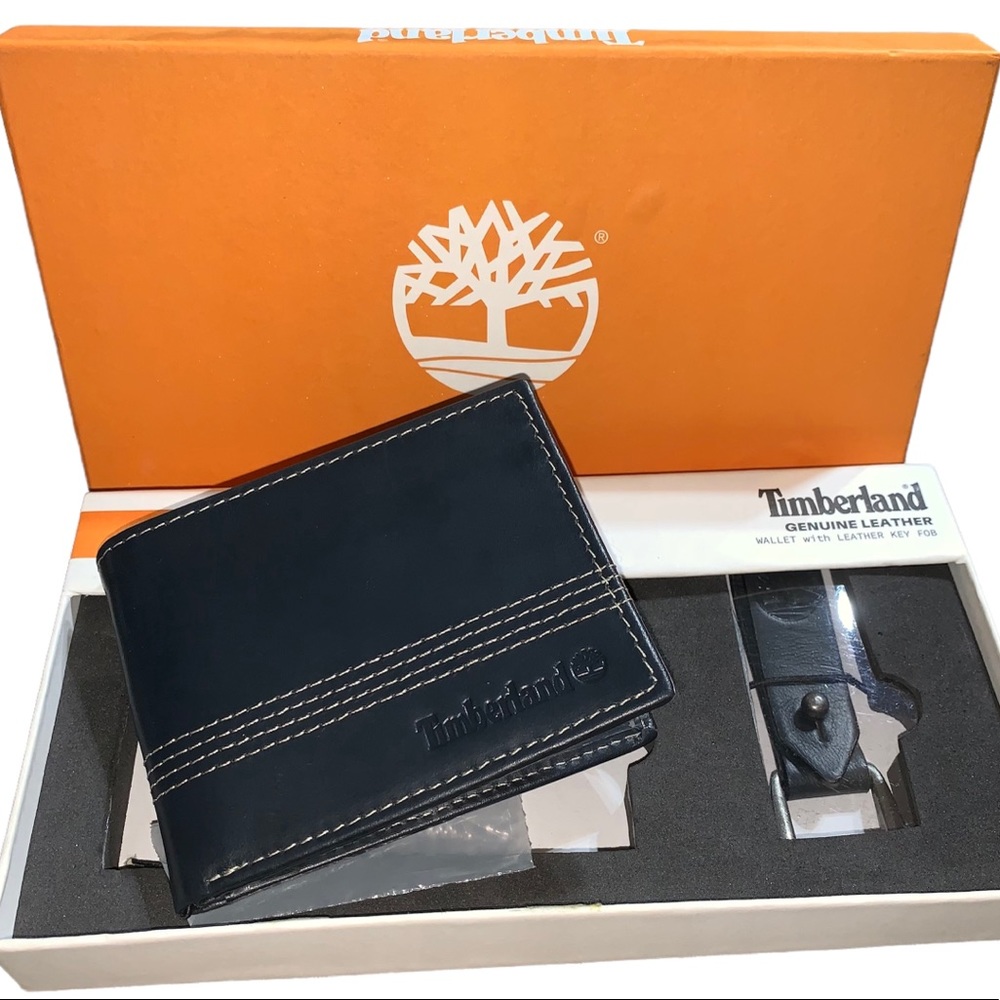 NWT Timberland Mens genuine leather slimfold wallet with matching FOB gift set